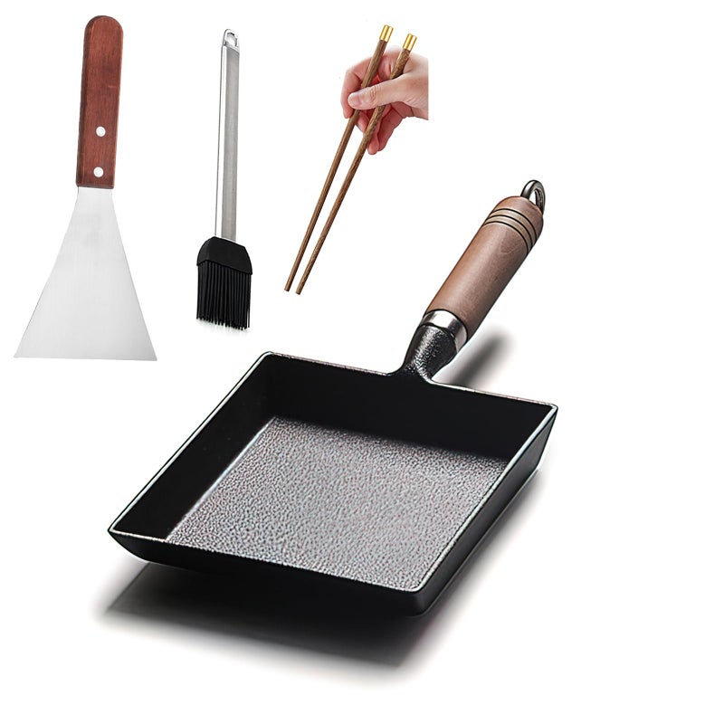 LI-GELISI Pre-Seasoned Cast Iron Tamagoyaki Pan - 9x7 Inch Japanese Rolled Omelet Pan, Non-Stick & Rust-Resistant, Ready to Use with Wood Handle, Works on All Stovetops, Camping & Kitchen - Image 1